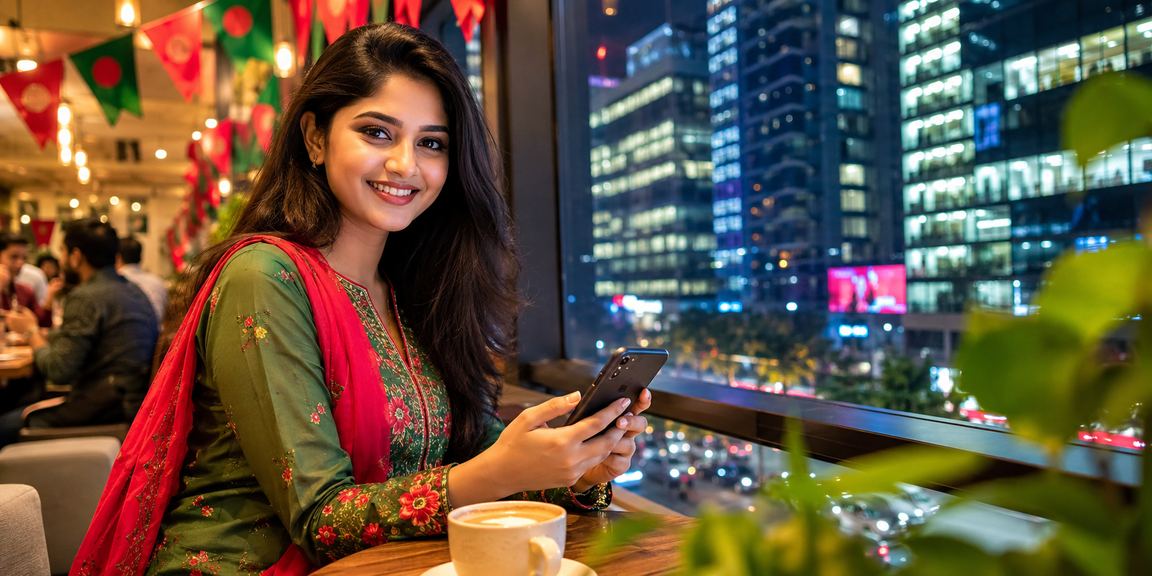 ঢাকায় মোবাইল পেমেন্ট ও গেমিং অভিজ্ঞতার লাল-সবুজ রঙের দৃশ্য